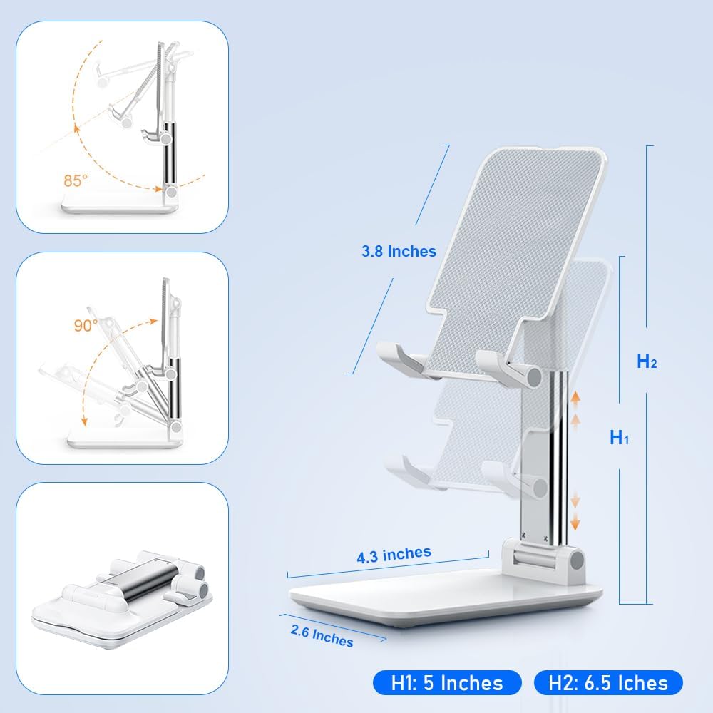 Cell Phone Stand, Angle Height Adjustable Cell Phone Holder with Silicon Pad for Desk Fully Forldable Mobile Phone Holder Compatible with All Mobile Phones