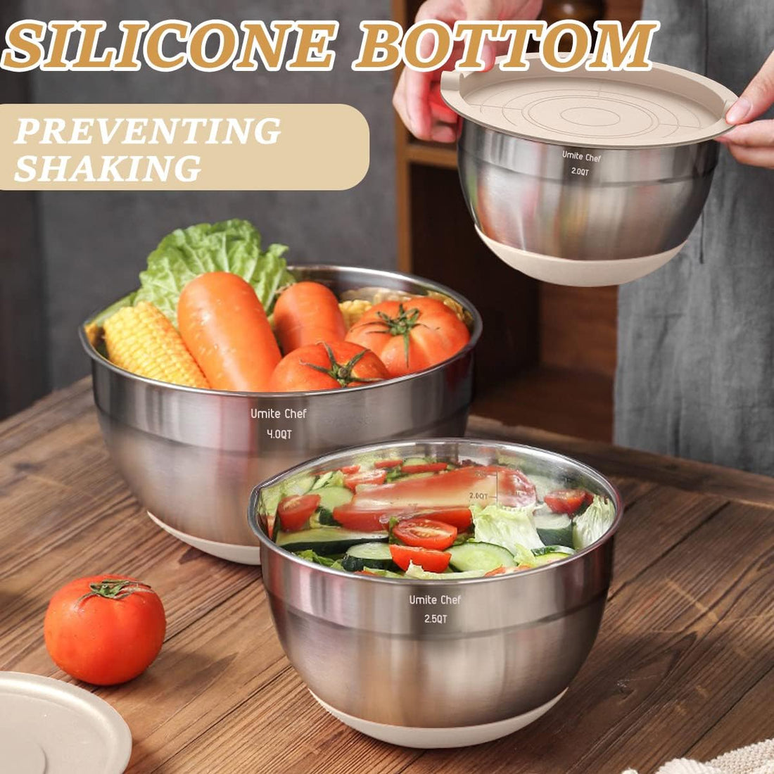 Mixing Bowls with Airtight Lids Set, 26PCS Stainless Steel Khaki Bowls with Grater Attachments, Non-Slip Bottoms & Kitchen Gadgets Set